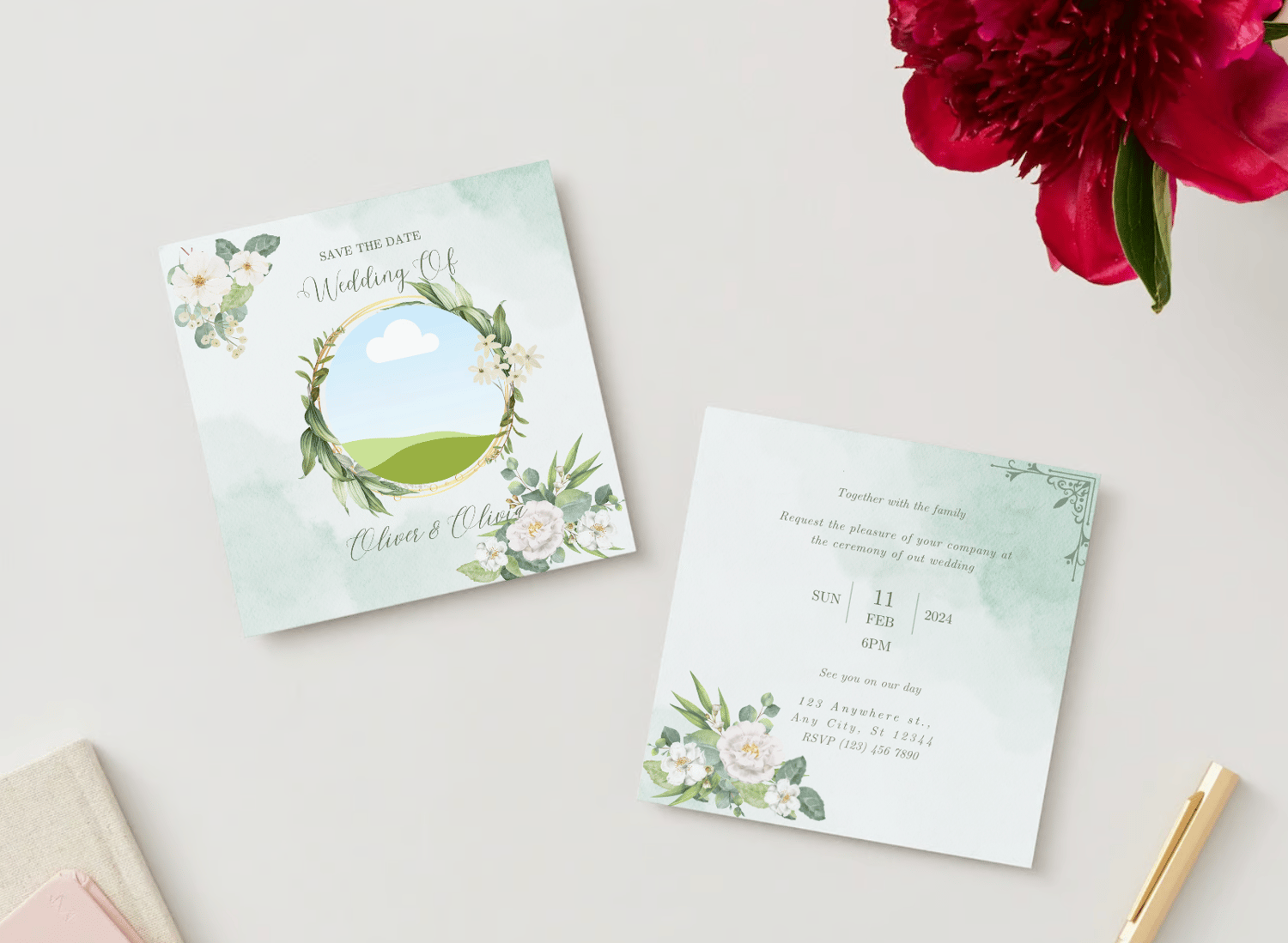 Elegant White Floral Photo Frame Invitation | Canva Template | Digital. Mock front and back