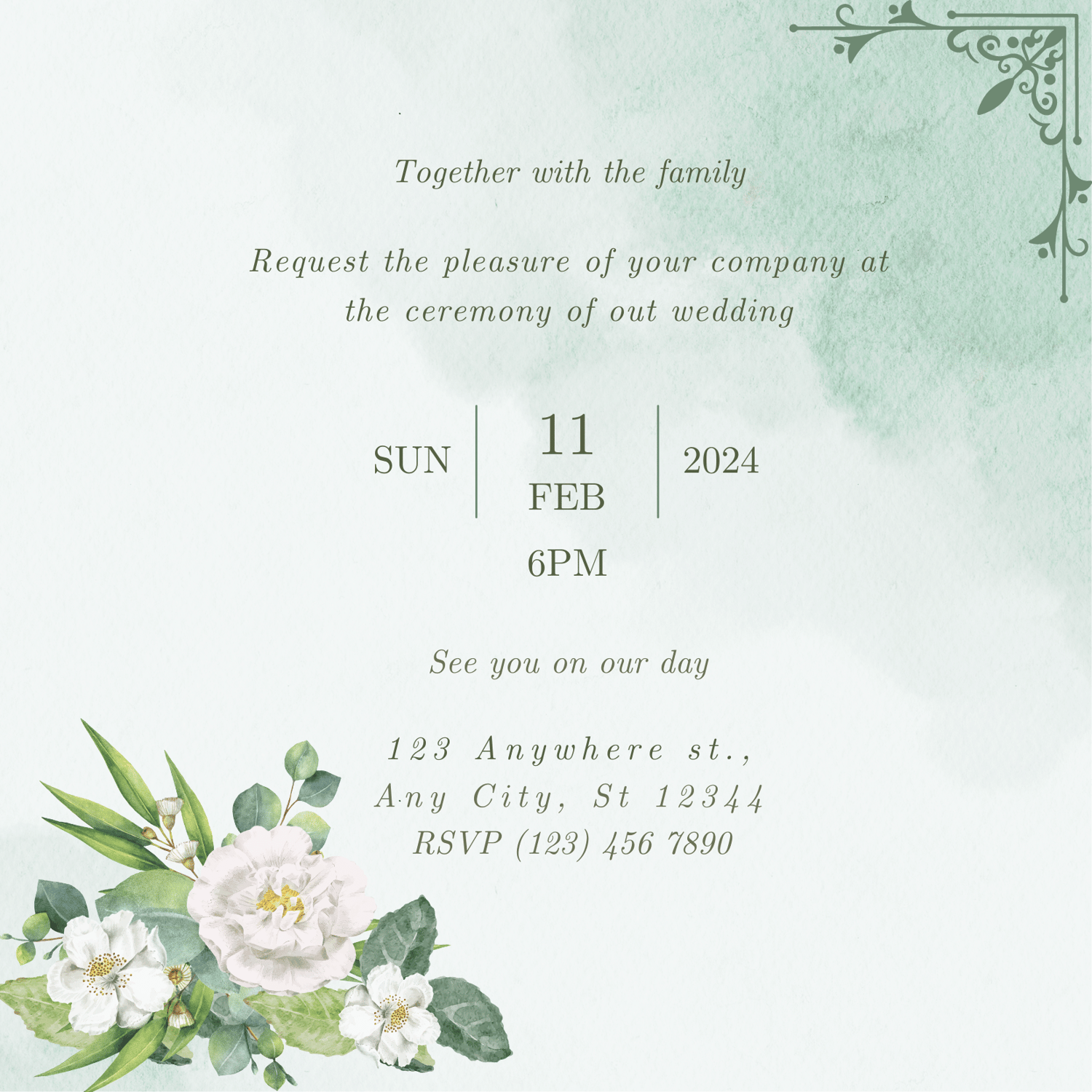 Elegant White Floral Photo Frame Invitation | Canva Template | Digital. Back Design