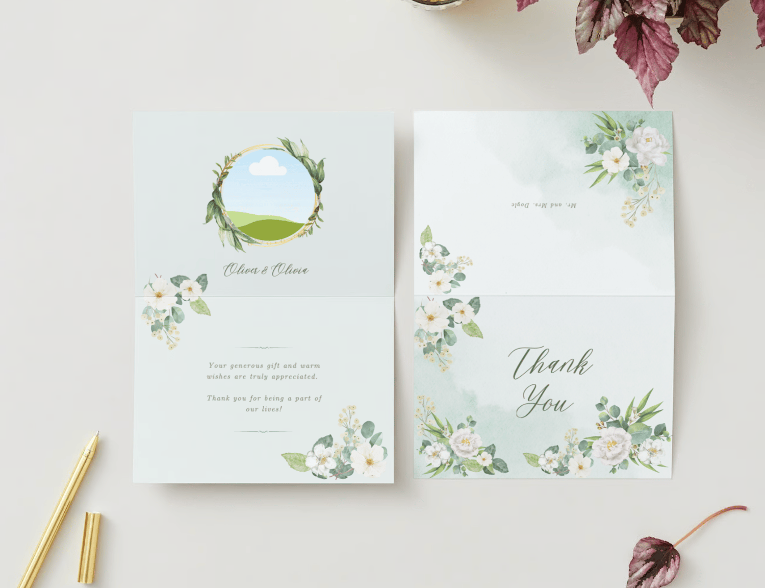 Elegant White Floral Photo Frame Folded Card Landscape | Customizable Canva Template | Digital Download. Mock outside and indside