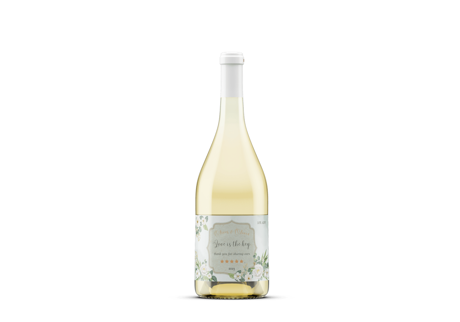 Elegant White Floral Photo Frame Sticker Label 6"x4" | Customizable Canva Template | Digital Download. Mock sticker on wine bottle