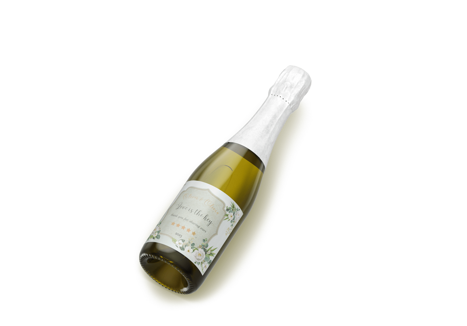 Elegant White Floral Photo Frame Sticker Label 4"x3" | Customizable Canva Template | Digital Download. Mock sticker on wine bottle