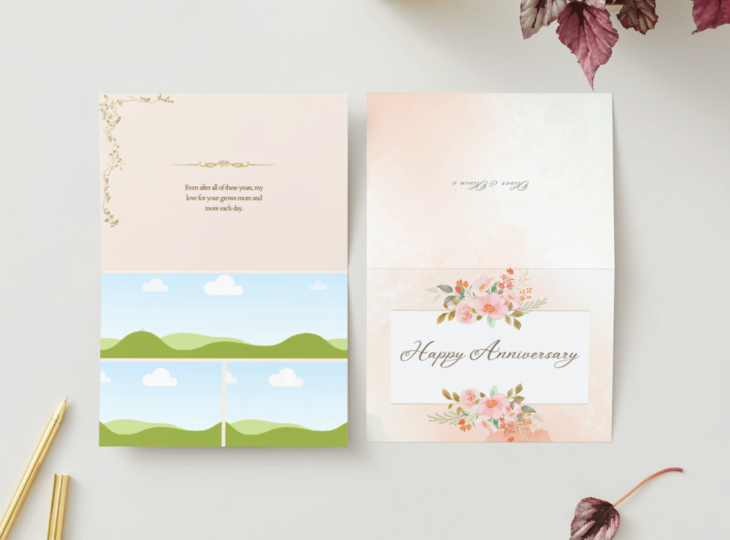 Soft Pink Floral Watercolor Folded Card Landscape | Customizable Canva Template | Digital Download. Mock Outside and inside