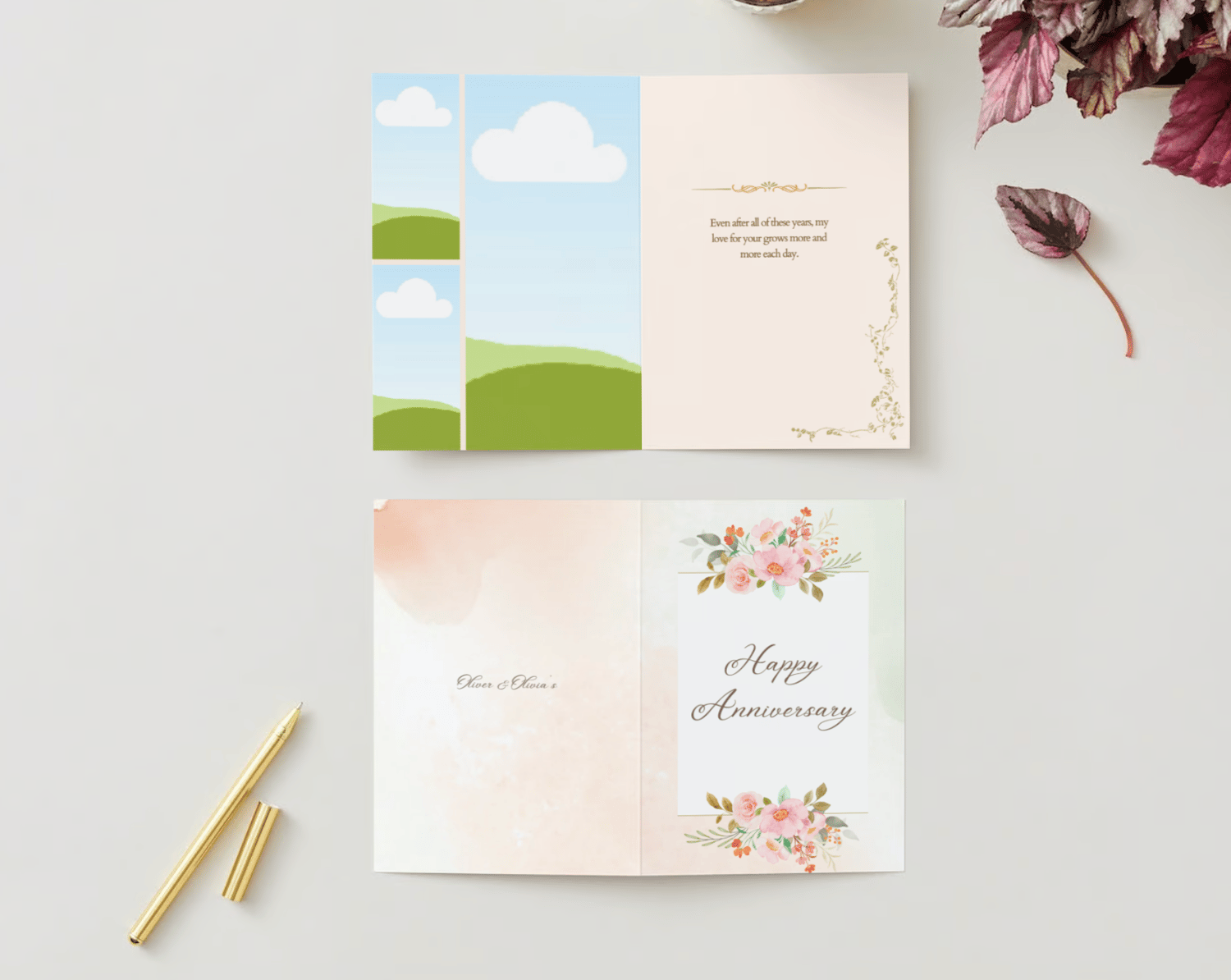 Soft Pink Floral Watercolor Folded Card Portrait | Customizable Canva Template | Digital Download. Mock outside and inside