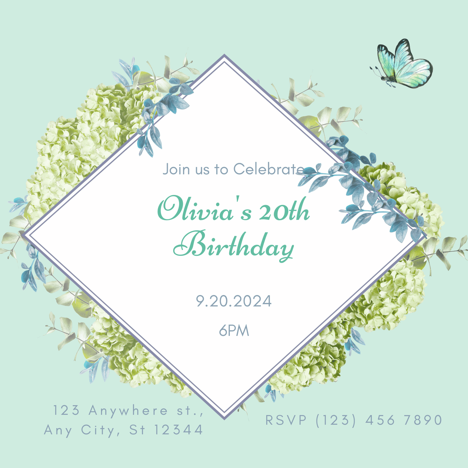 Elegant Butterfly Floral Design Invitation | Canva Template | Digital. Back design