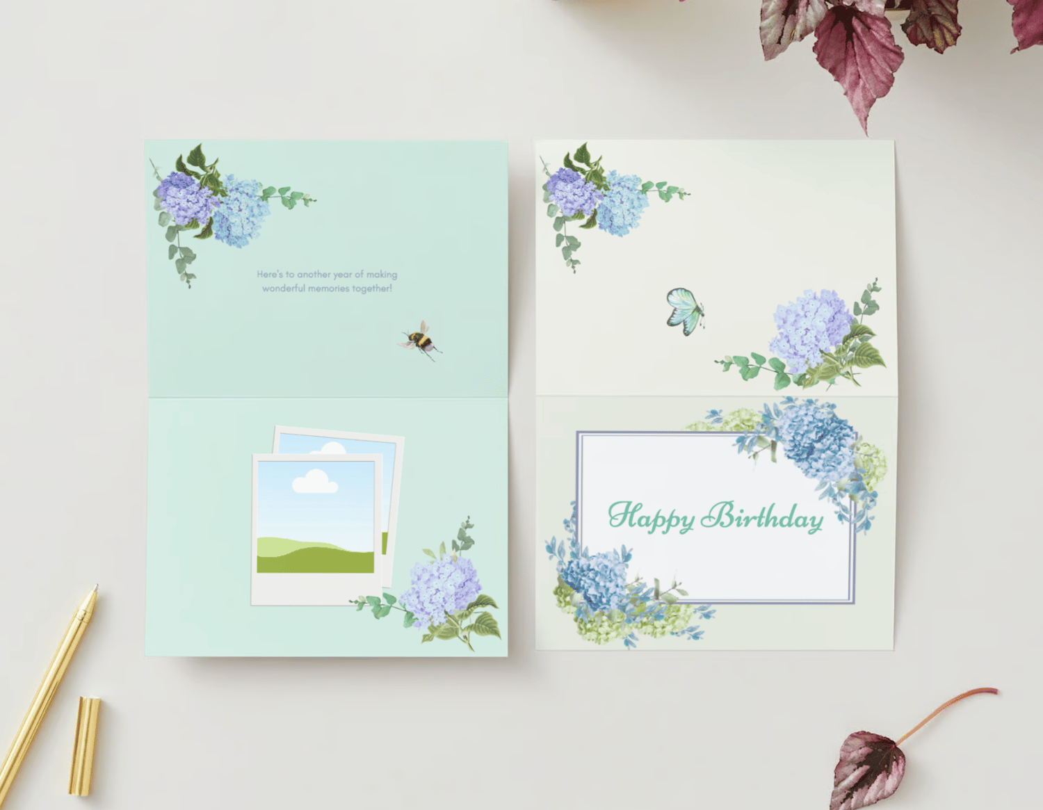 Elegant Butterfly Floral Design Folded Card Landscape | Customizable Canva Template | Digital. Mock outside and inside
