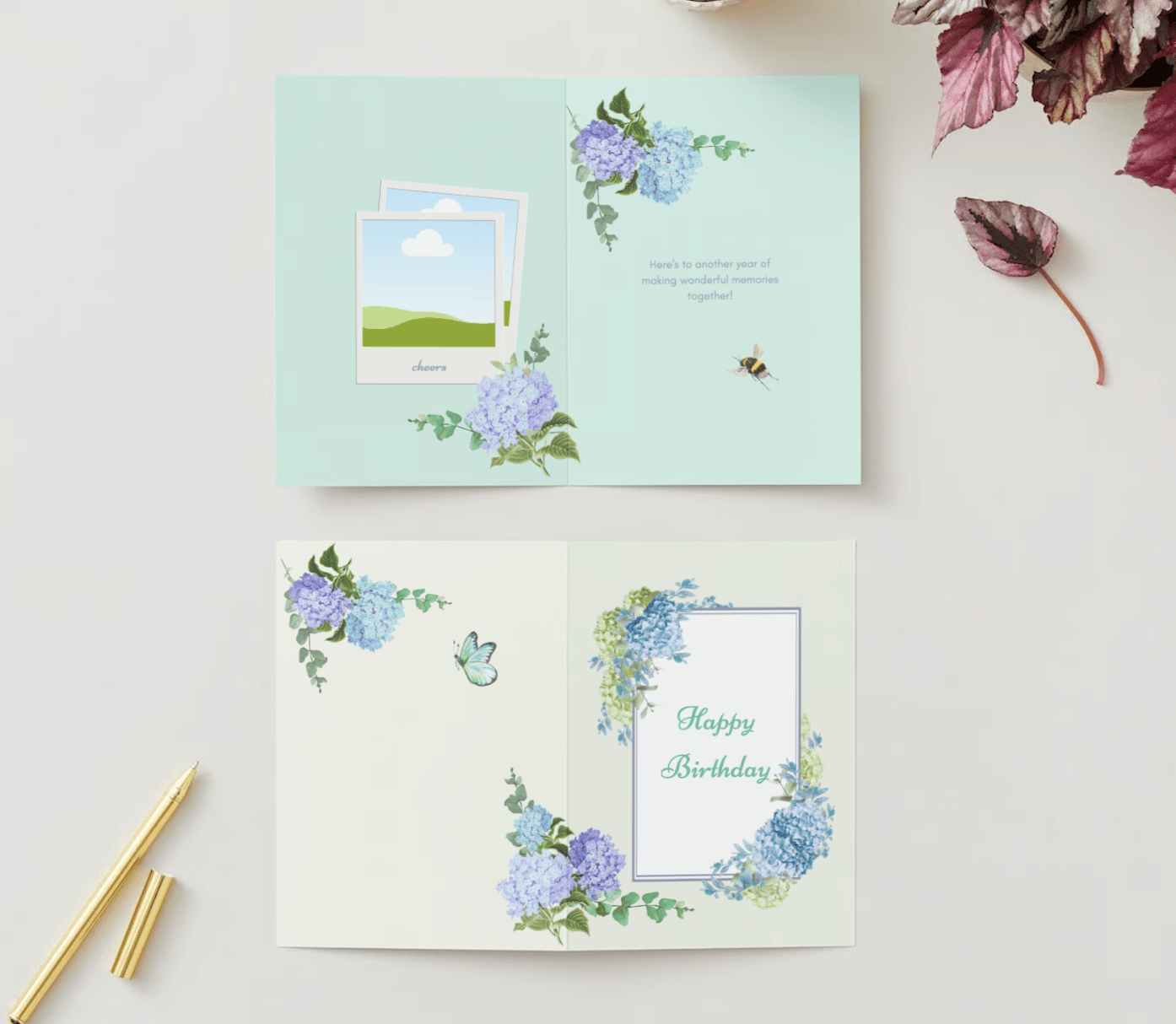Elegant Butterfly Floral Design Folded Card Portrait | Customizable Canva Template | Digital. Mock outside and inside