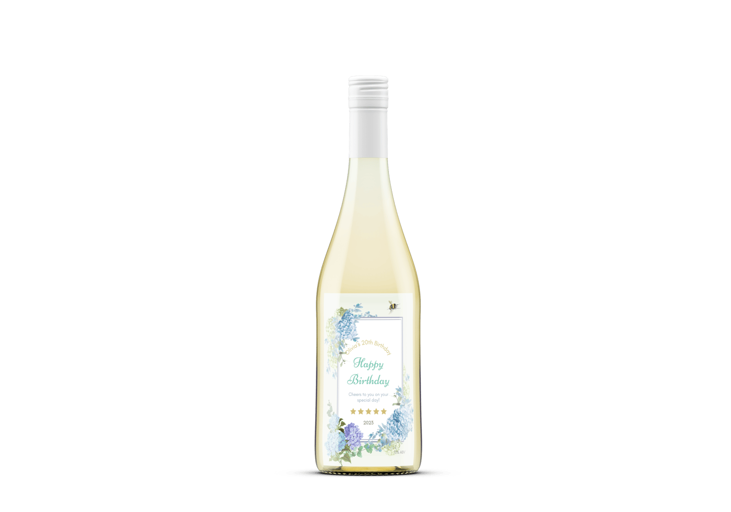 Elegant Butterfly Floral Design Sticker Label 4"x6" | Customizable Canva Template | Digital Download. Mock sticker on white wine bottle