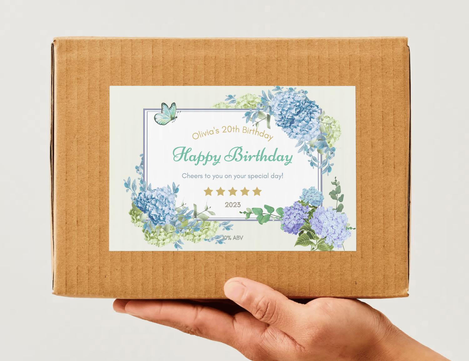 Elegant Butterfly Floral Design Sticker Label 6"x4" | Customizable Canva Template | Digital. Mock sticker on box