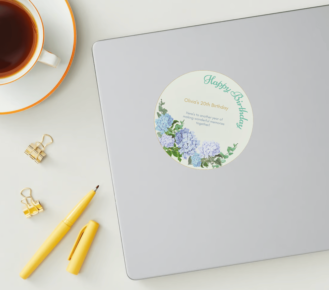 Elegant Butterfly Floral Design Circle Sticker | Customizable Canva Template | Digital. Mock sticker on laptop