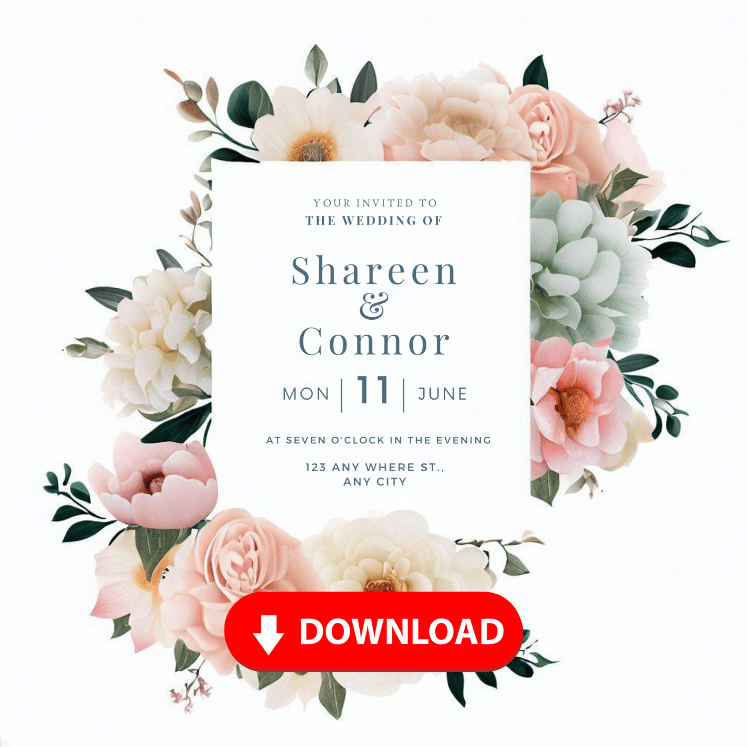 Elegant Floral Wedding Invitation Canva Template: 16 Designs | Digital Download