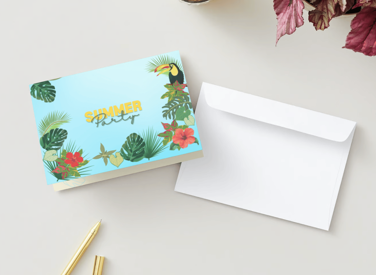 Vibrant Tropical Paradise Design Folded Card Landscape | Customizable Canva Template | Digital. Mock Outside front