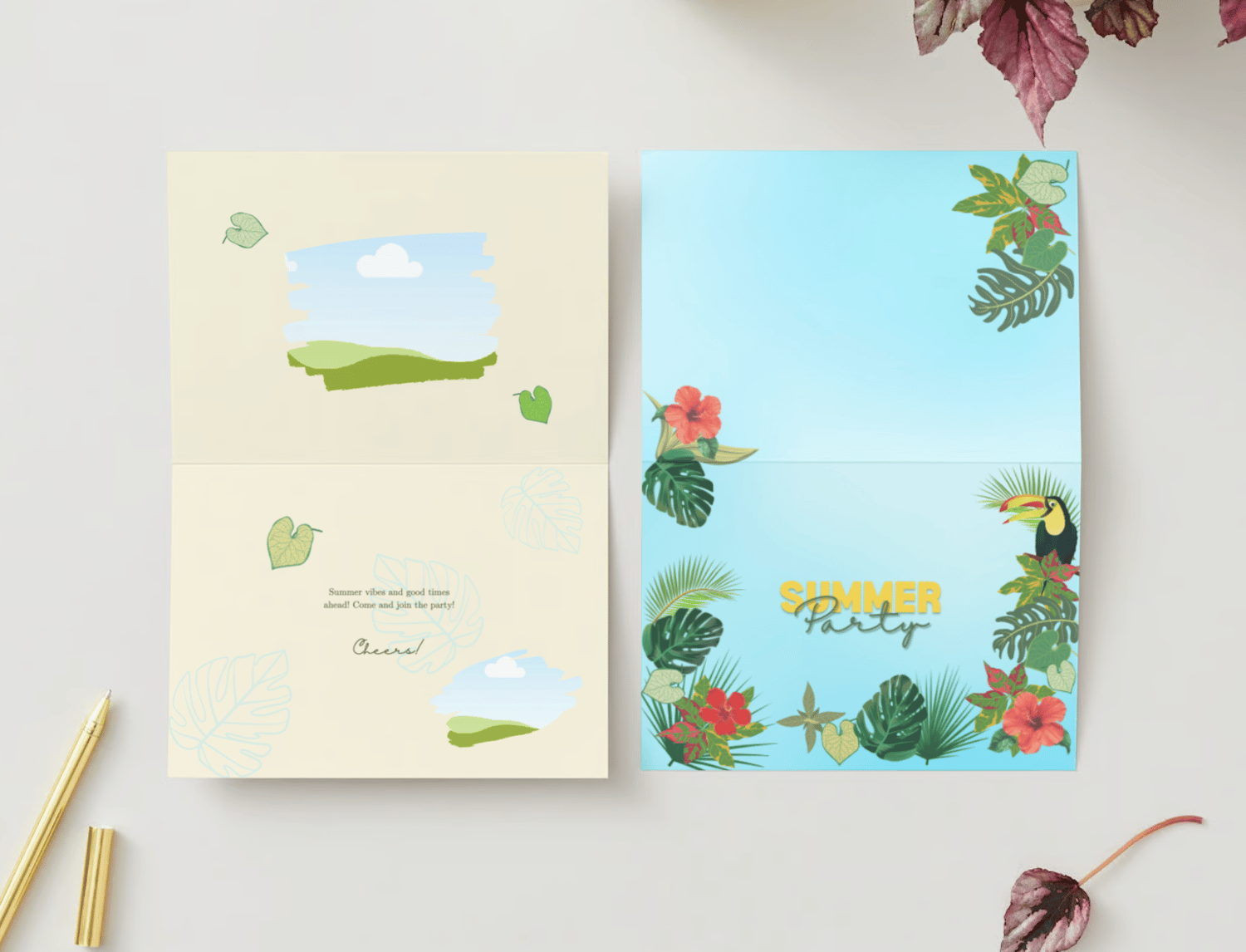Vibrant Tropical Paradise Design Folded Card Landscape | Customizable Canva Template | Digital. Mock outside and inside