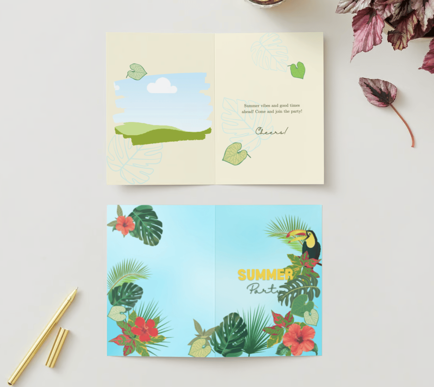 Vibrant Tropical Paradise Design Folded Card Portrait | Customizable Canva Template | Digital. Mock outside and inside
