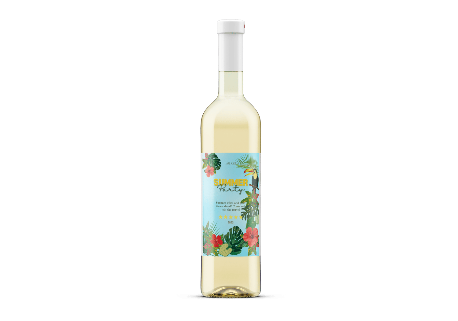 Vibrant Tropical Paradise Design Sticker Label 4"x6" | Customizable Canva Template | Digital Download. Mock sticker on wine bottle