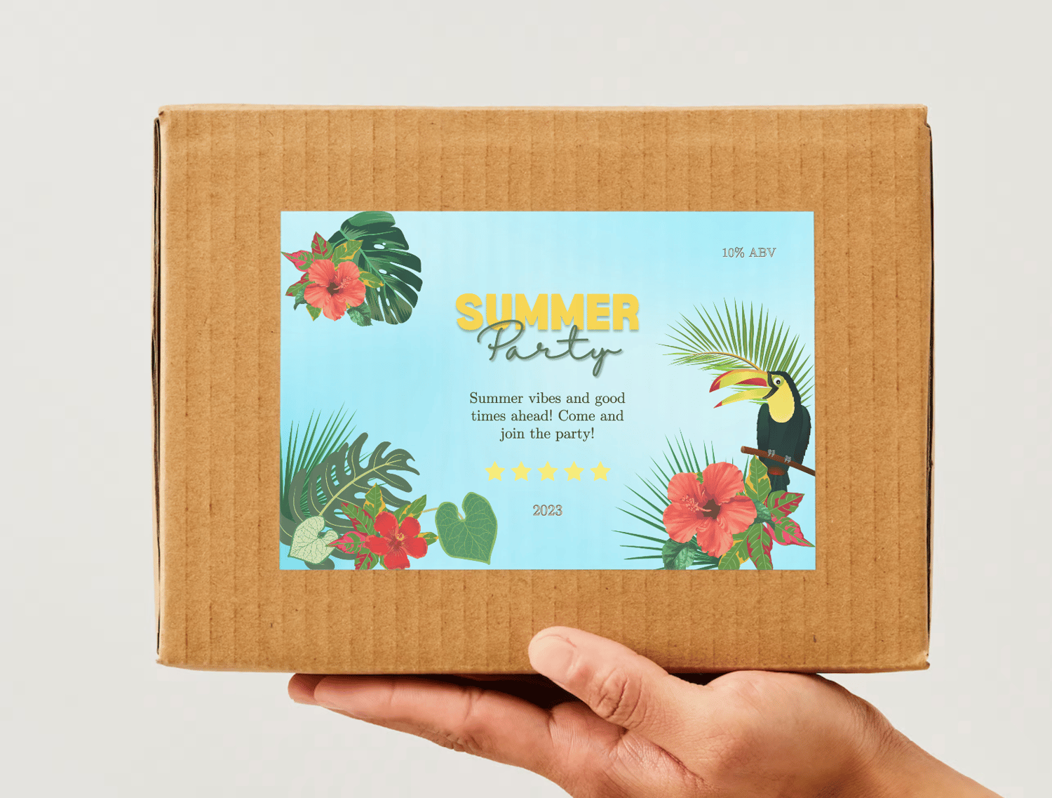 Vibrant Tropical Paradise Design Sticker Label 6"x4" | Customizable Canva Template | Digital. Mock sticker on box
