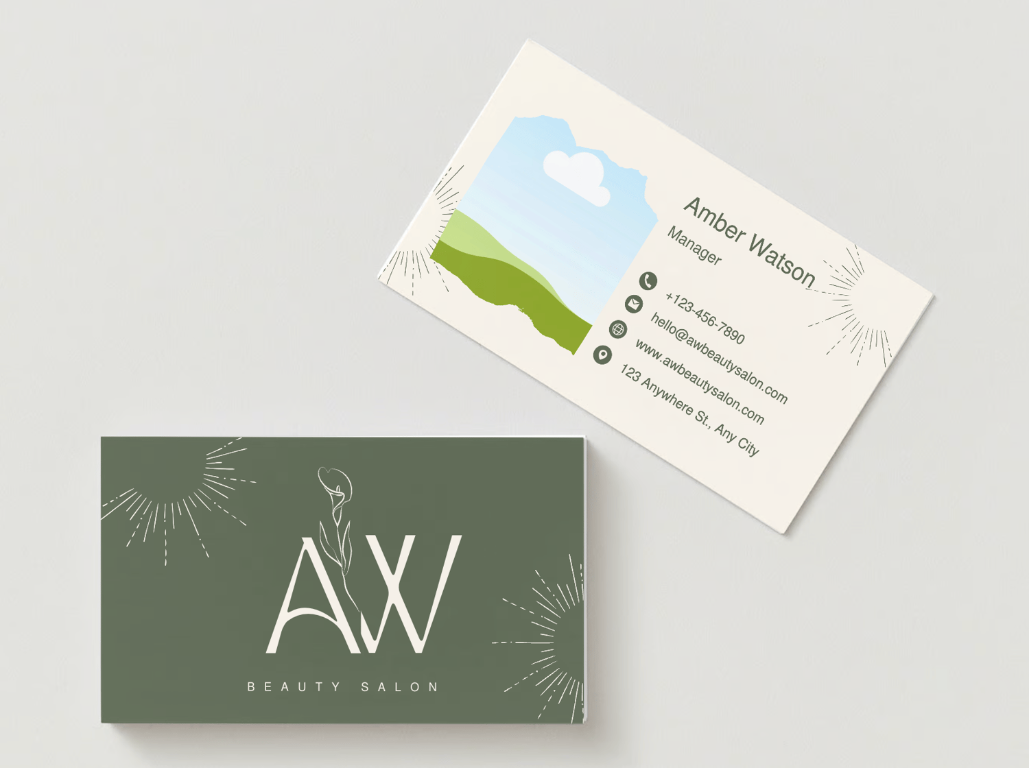 Customizable Feminine initials with a line-drawn flower Business Card Template for Canva - Small Business Branding, mock olive green front