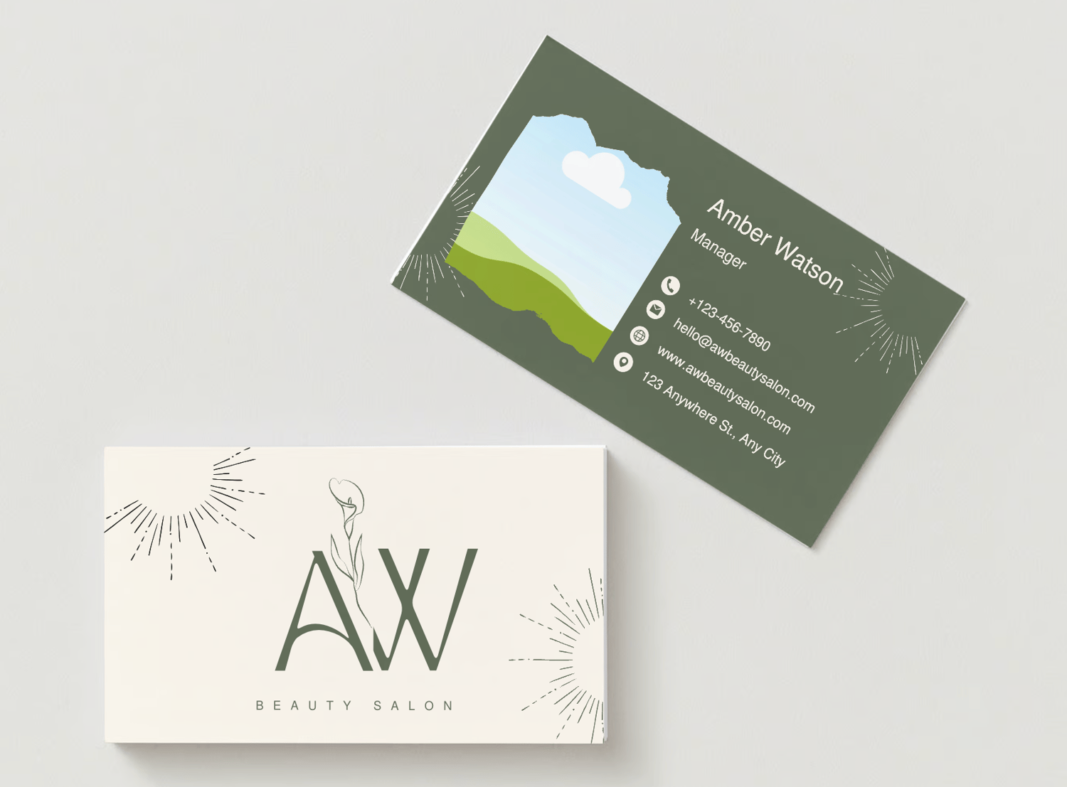 Customizable Feminine initials with a line-drawn flower Business Card Template for Canva - Small Business Branding, mock beige front