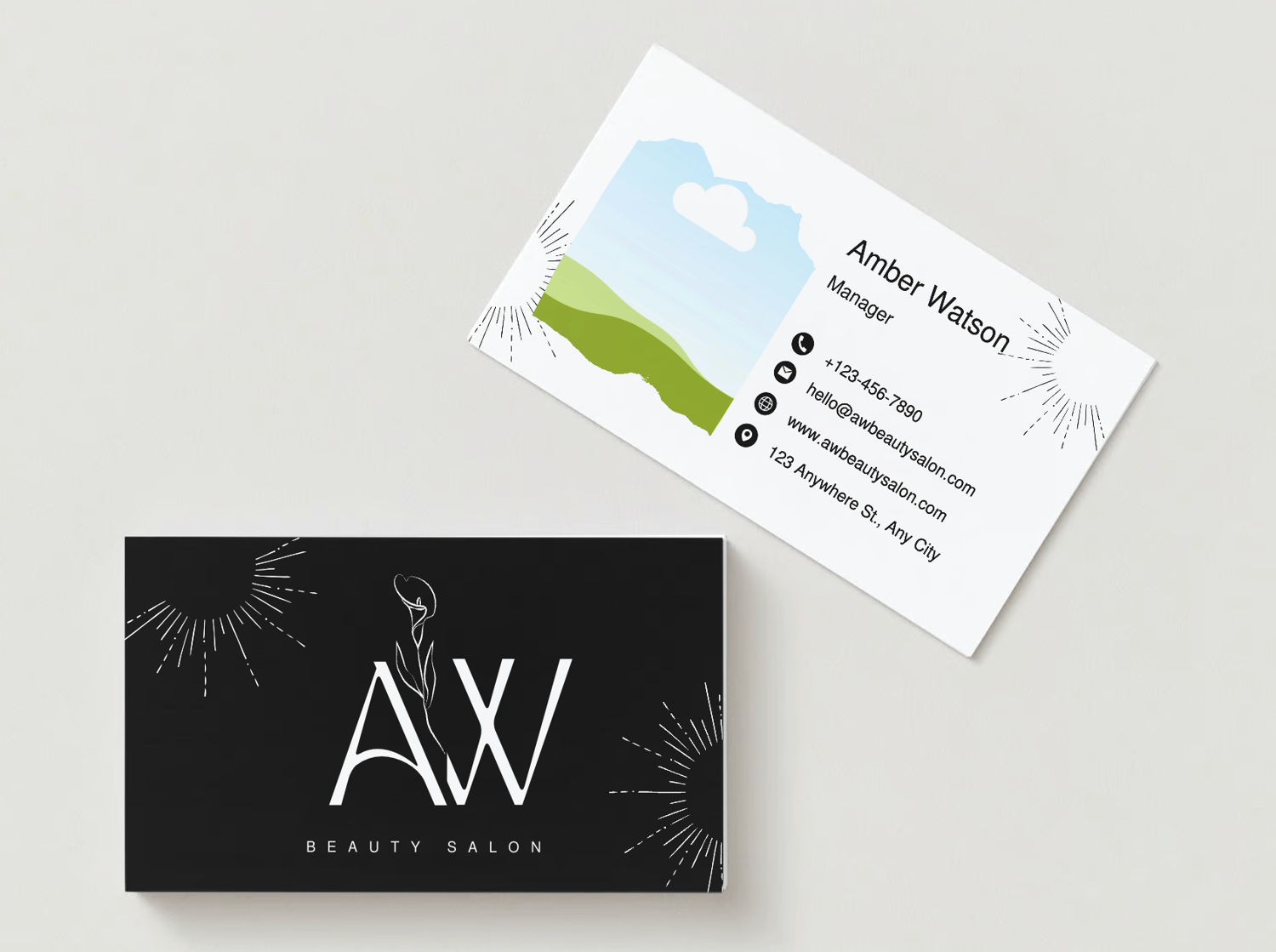 Customizable Feminine initials with a line-drawn flower Business Card Template for Canva - Small Business Branding, mock black front