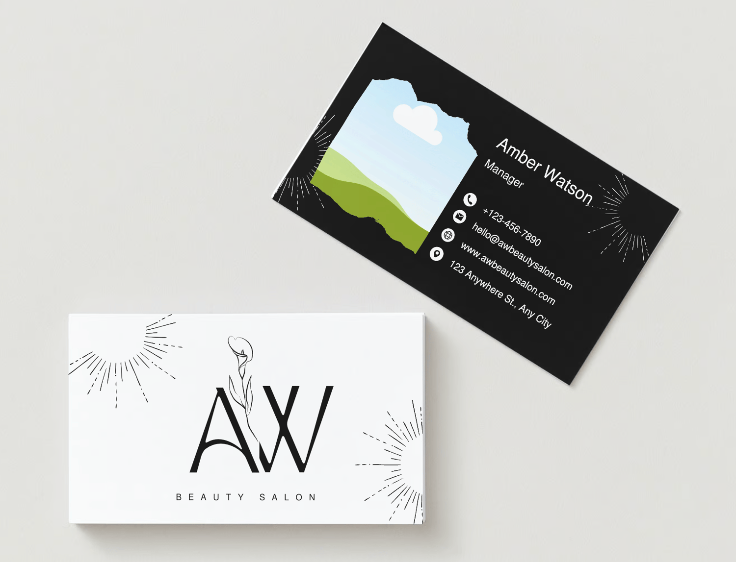 Customizable Feminine initials with a line-drawn flower Business Card Template for Canva - Small Business Branding, mock white front