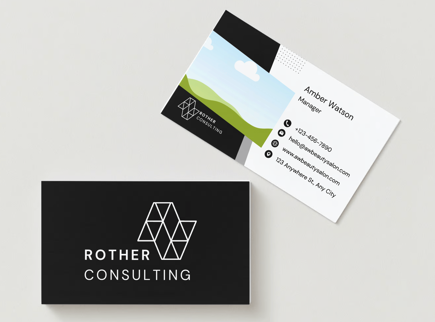 Customizable Clean geometric shapes and fonts Business Card Template for Canva - Small Business Branding, mock black front