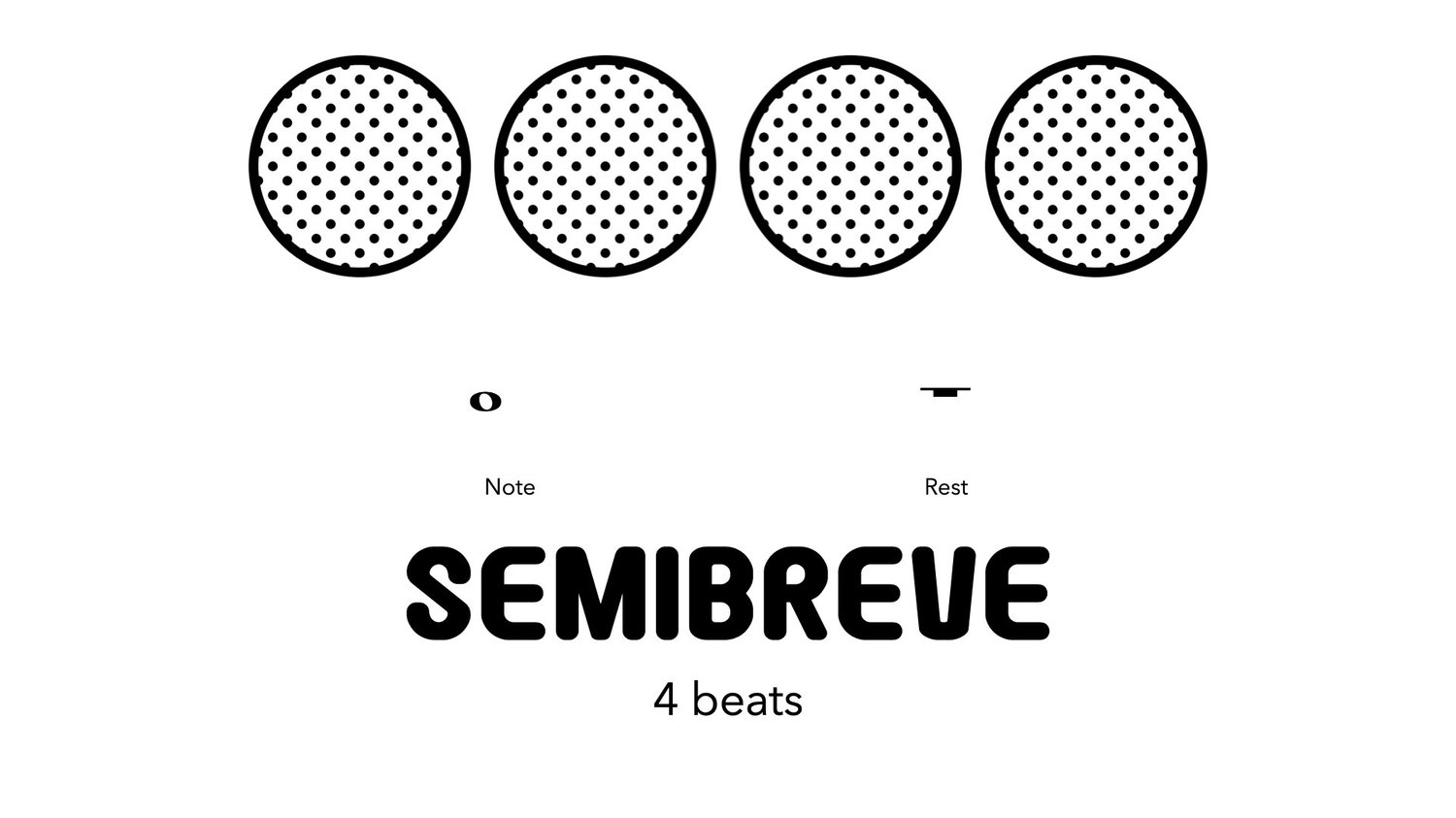 In music notation, a semibreve (British English) or whole note (American English) is a note symbol that represents the longest duration commonly used in musical compositions. It is an open notehead without a stem and is used to indicate a note with a duration equal to four beats in common time (4/4 time) or its equivalent in other time signatures.
