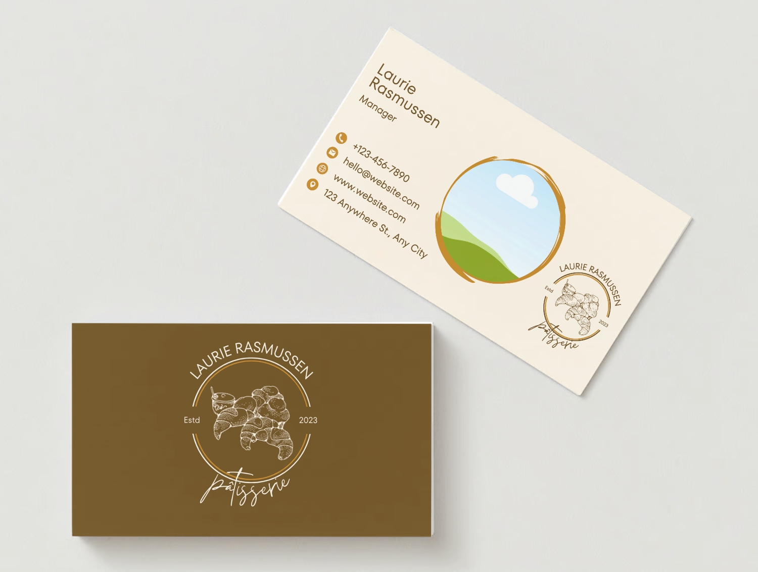 Customizable Classic line-drawn pastries Business Card Template for Canva - Small Business Branding, mock brown front