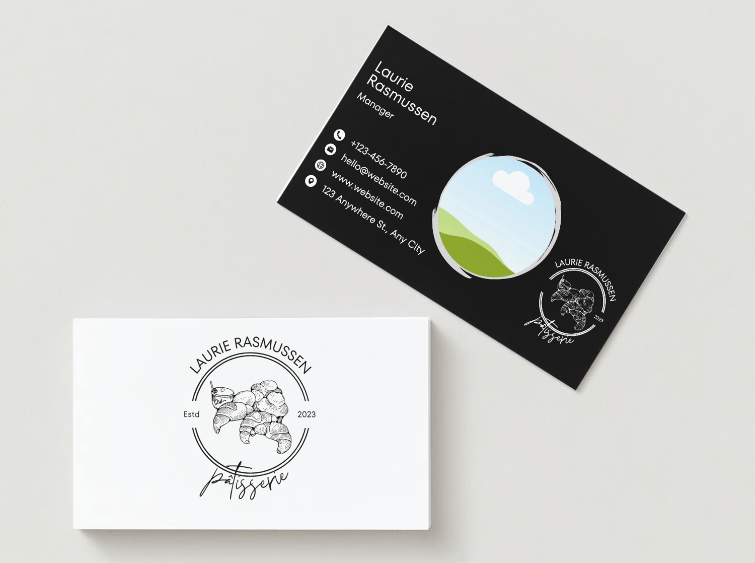 Customizable Classic line-drawn pastries Business Card Template for Canva - Small Business Branding, mock white front