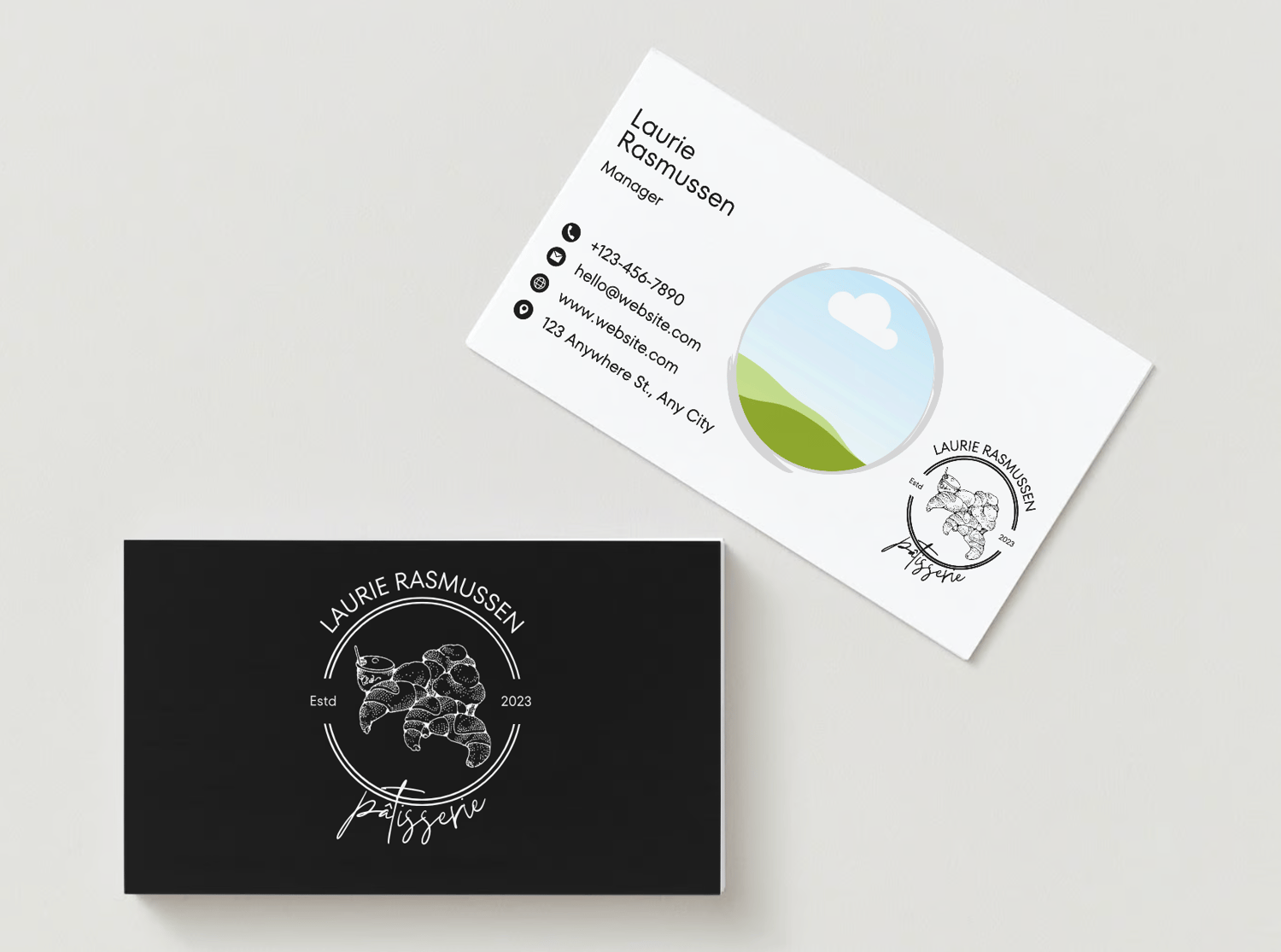 Customizable Classic line-drawn pastries Business Card Template for Canva - Small Business Branding, mock black front