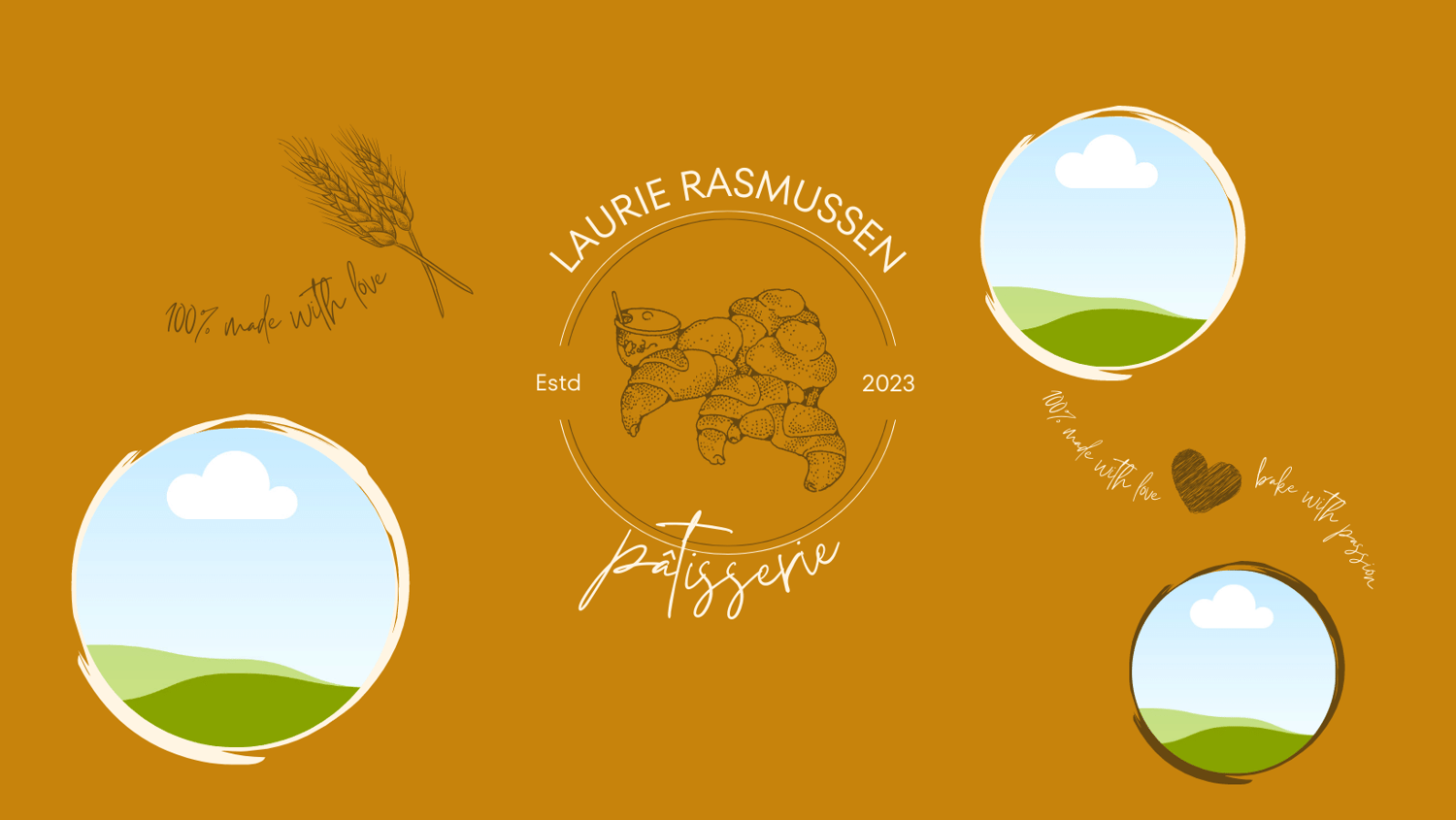 Customisable business brand marketing templates design -  Facebook Cover for pastry shops or alike. Classic line drawn pastry images, Photo Frames.Caramel background with brown and yellow text and images.