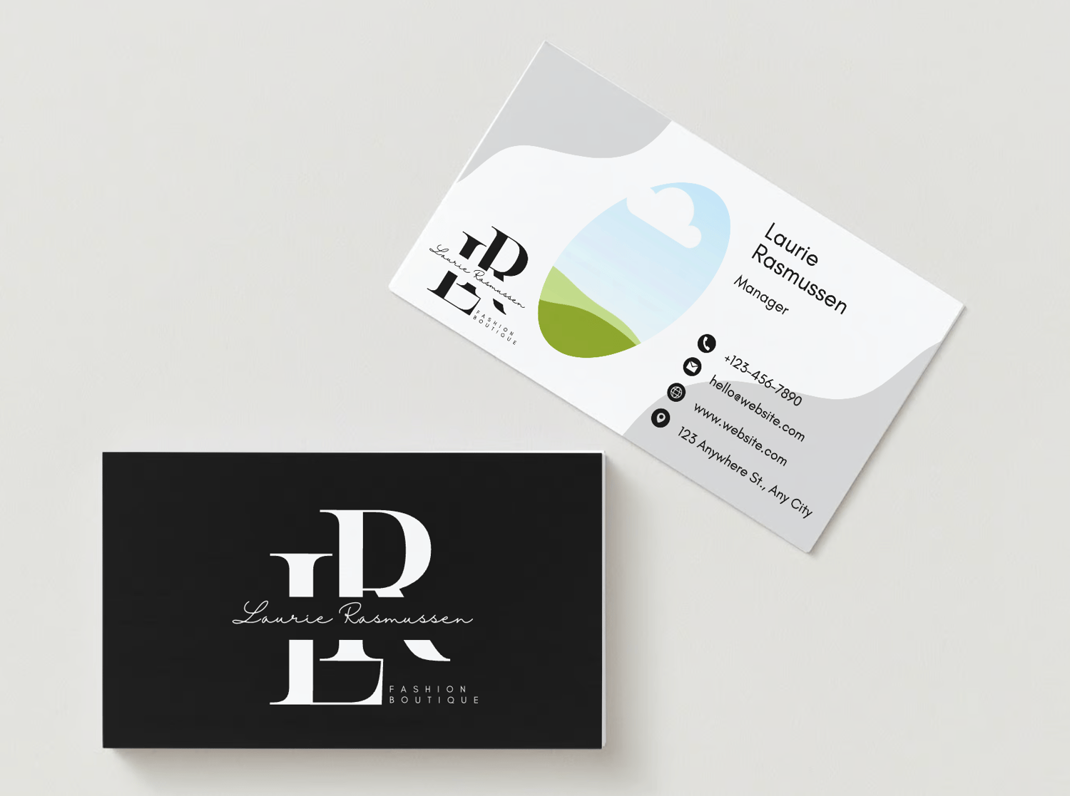 Customizable Minimalistic and elegant initials Business Card Template for Canva - Small Business Branding, mock black front