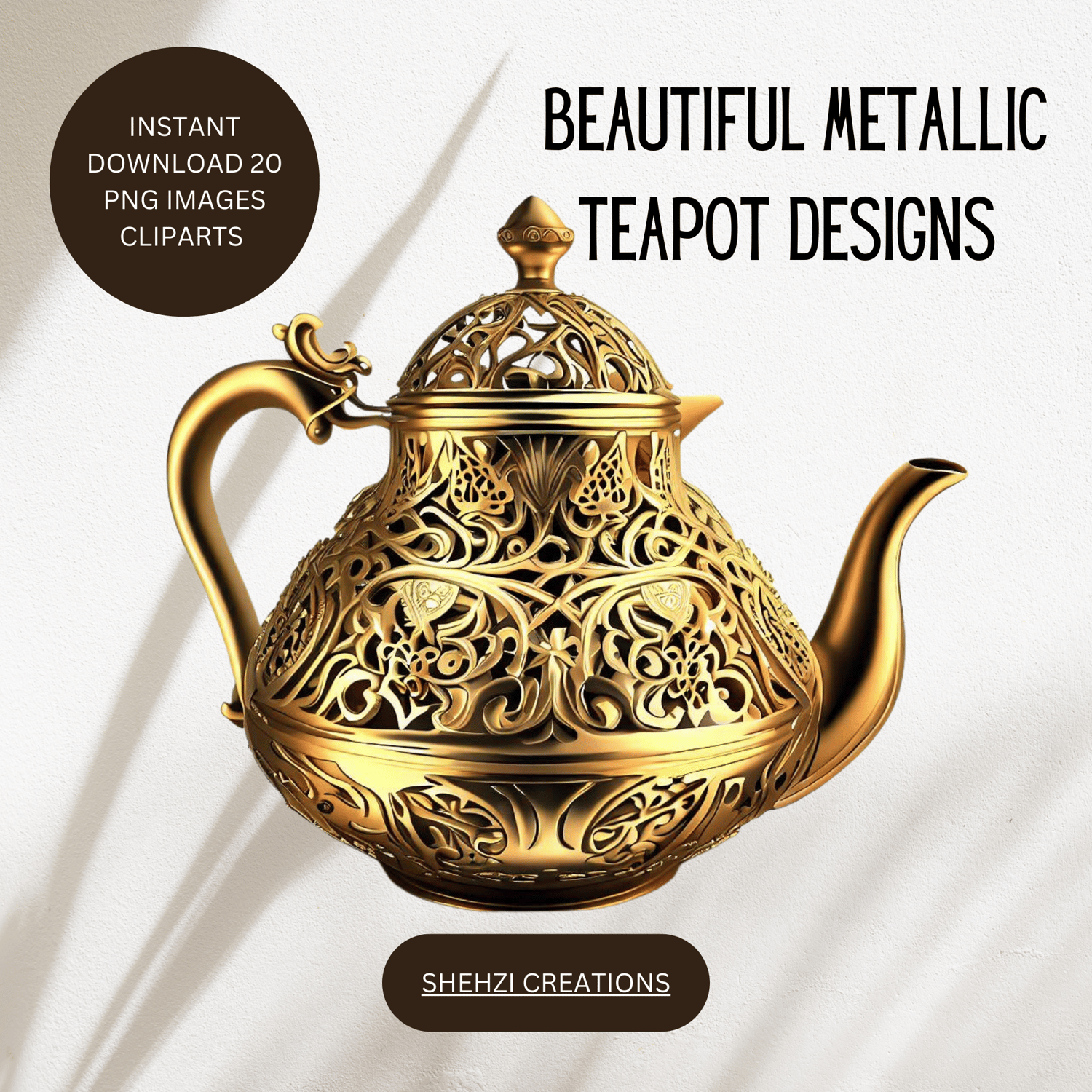 Stunning Metallic Teapot Designs Clipart | Instant Download Collection