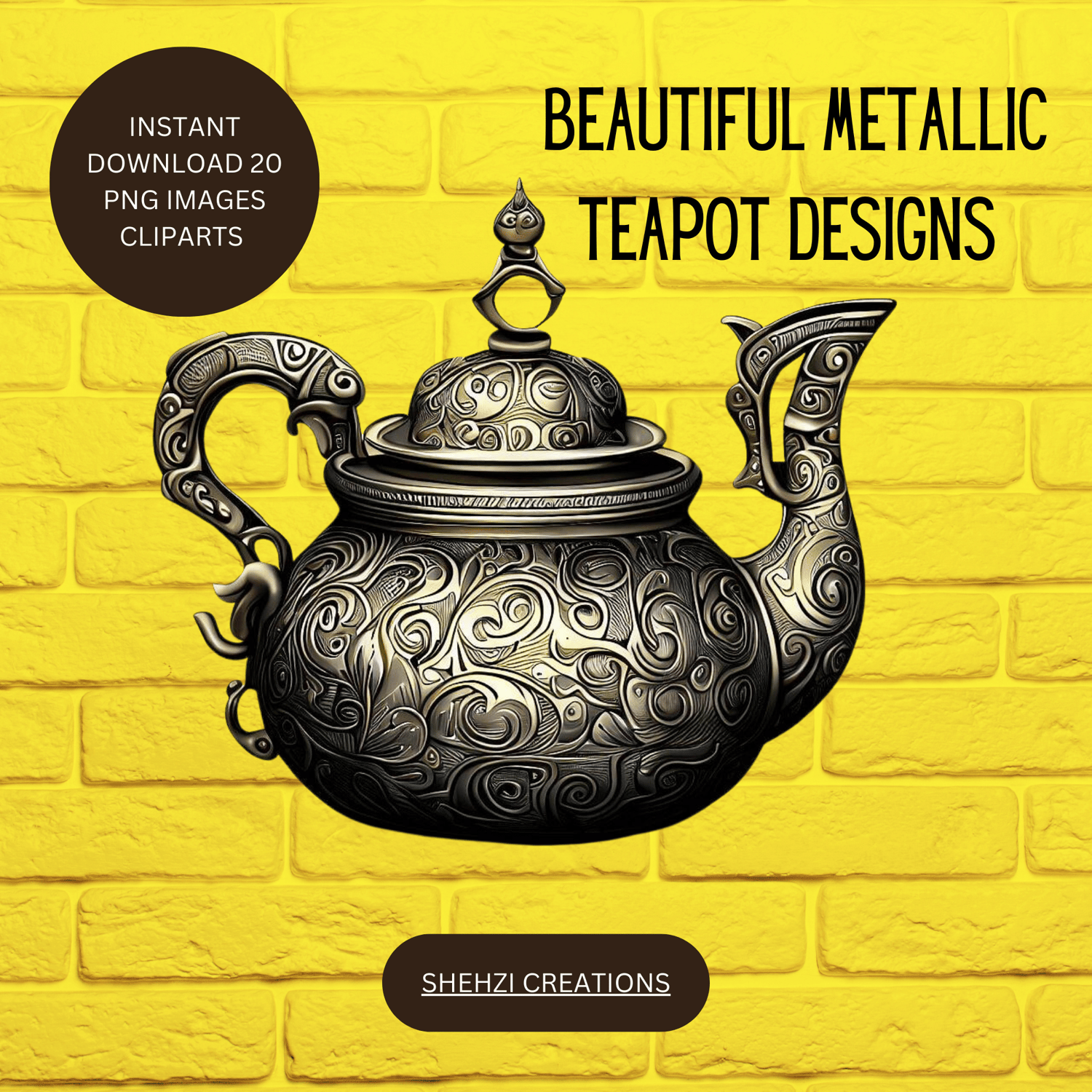 Instant Download: 20 Stunning Metallic Teapot Designs Clipart Images in PNG Format