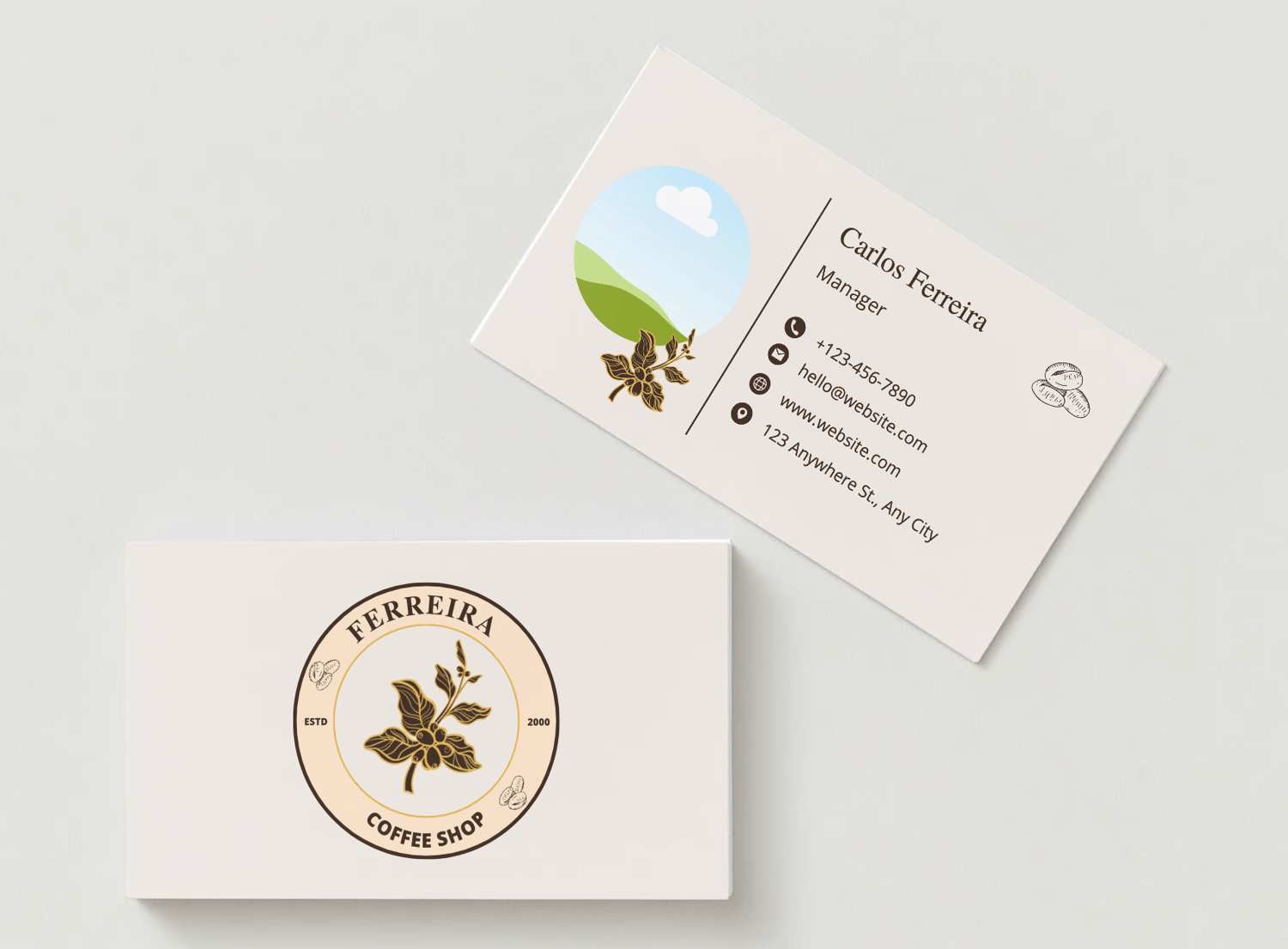 Customizable Classic Coffee Bean Business Card Template for Canva - Small Business Branding, mock beige