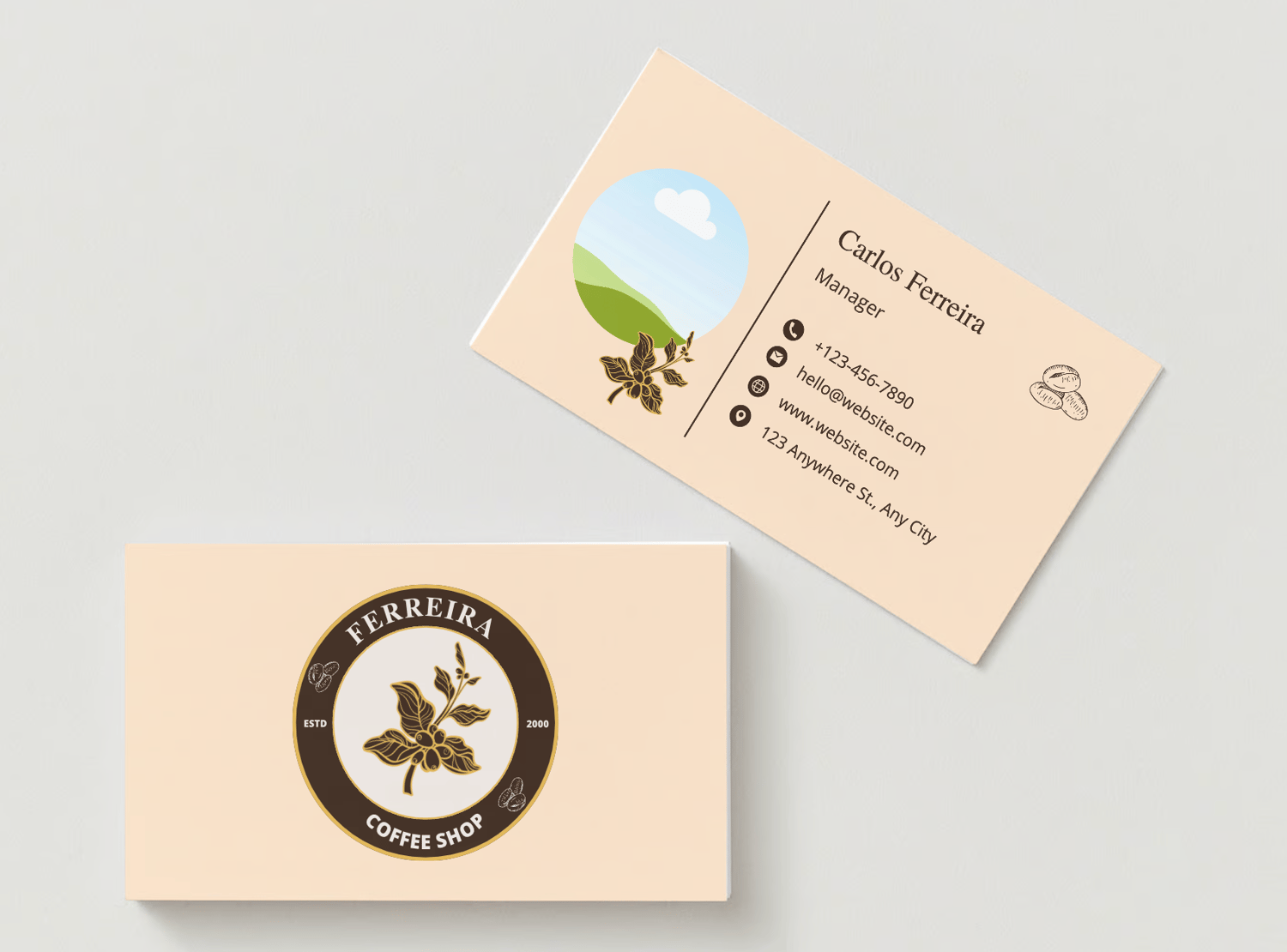 Customizable Classic Coffee Bean Business Card Template for Canva - Small Business Branding, mock brown