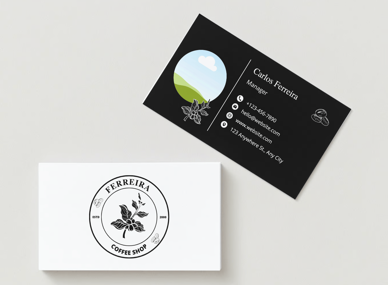 Customizable Classic Coffee Bean Business Card Template for Canva - Small Business Branding, mock white front