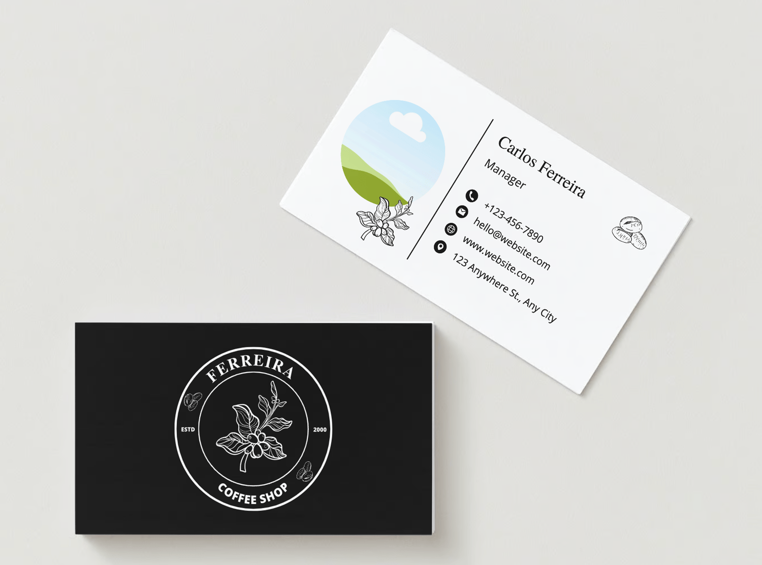 Customizable Classic Coffee Bean Business Card Template for Canva - Small Business Branding, mock black front