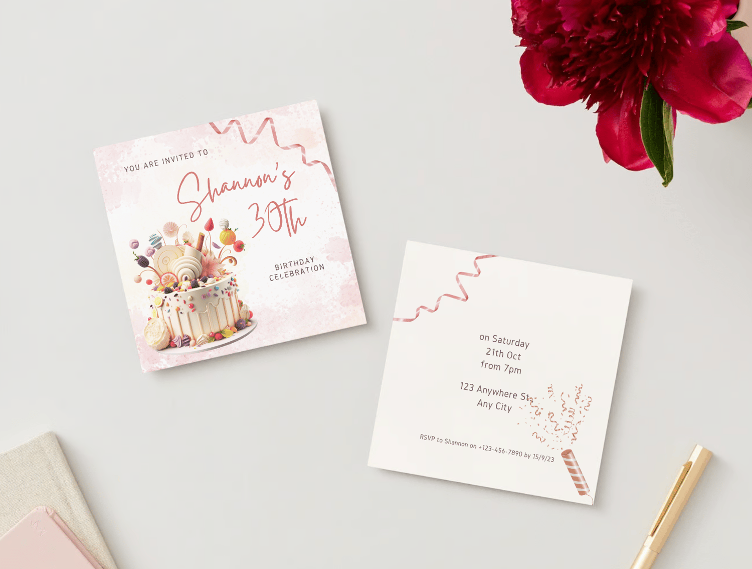 Whimsical Birthday Cake Design Invitation | Canva Template | Digital. Mock front and back