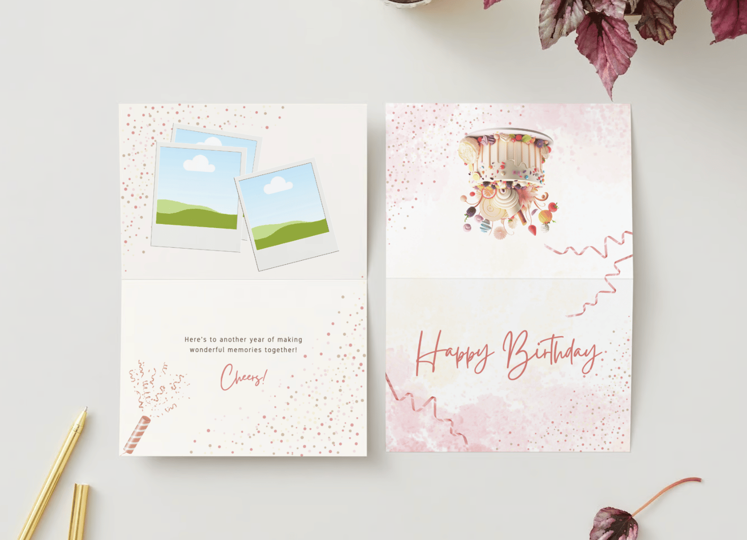 Whimsical Birthday Cake Design Folded Card Landscape | Customizable Canva Template | Digital. Mock Outside and inside
