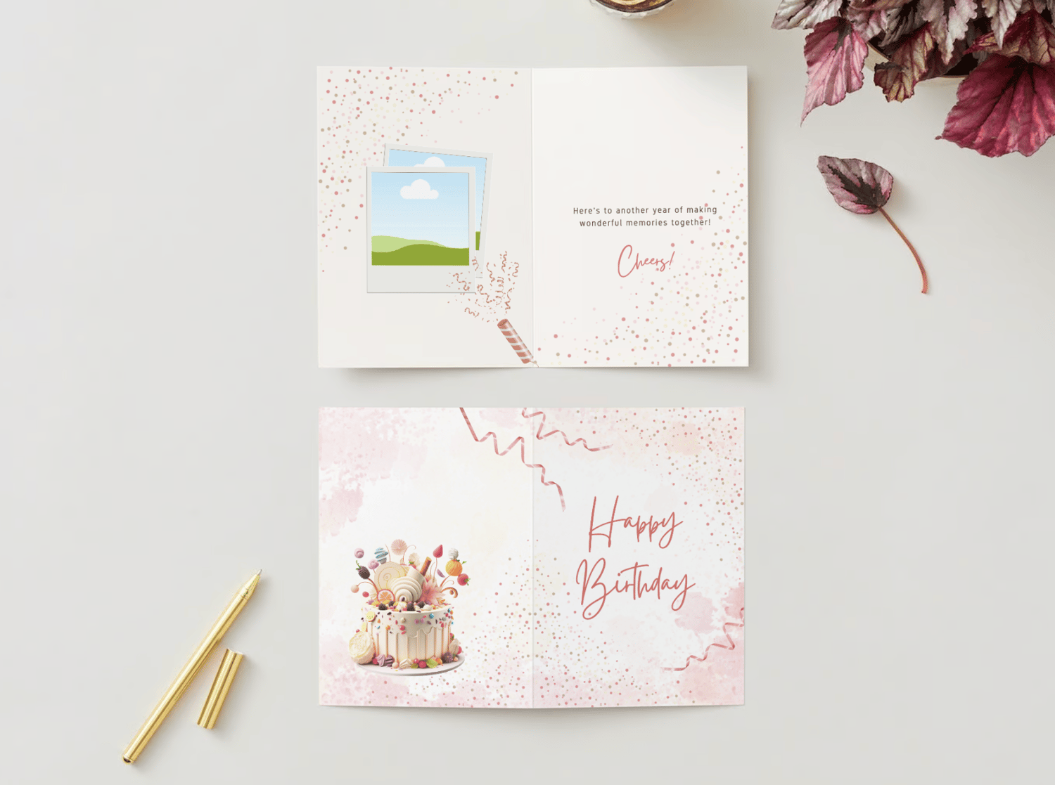 Whimsical Birthday Cake Design Folded Card Portrait | Customizable Canva Template | Digital. Mock outside and inside
