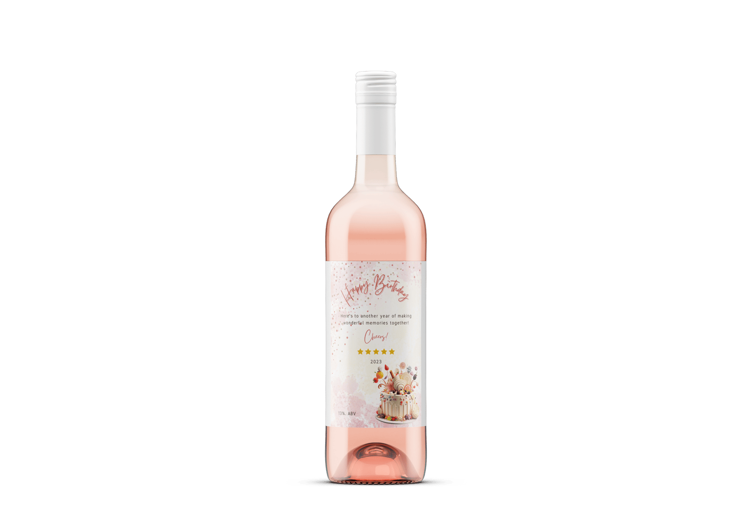 Whimsical Birthday Cake Design Sticker Label 4"x6" | Customizable Canva Template | Digital Download. Mock sticker on wine bottle