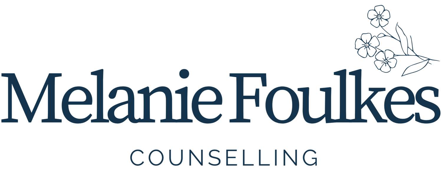 Logo which says Melanie Foulkes Counselling. Line drawing of forget-me-not flowers in the top right corner