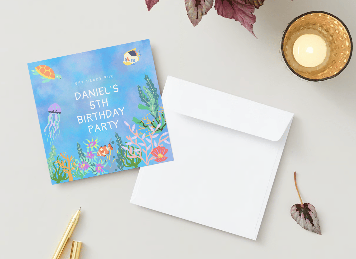 Vibrant Tropical Fish Design Invitation | Canva Template | Digital. Mock front