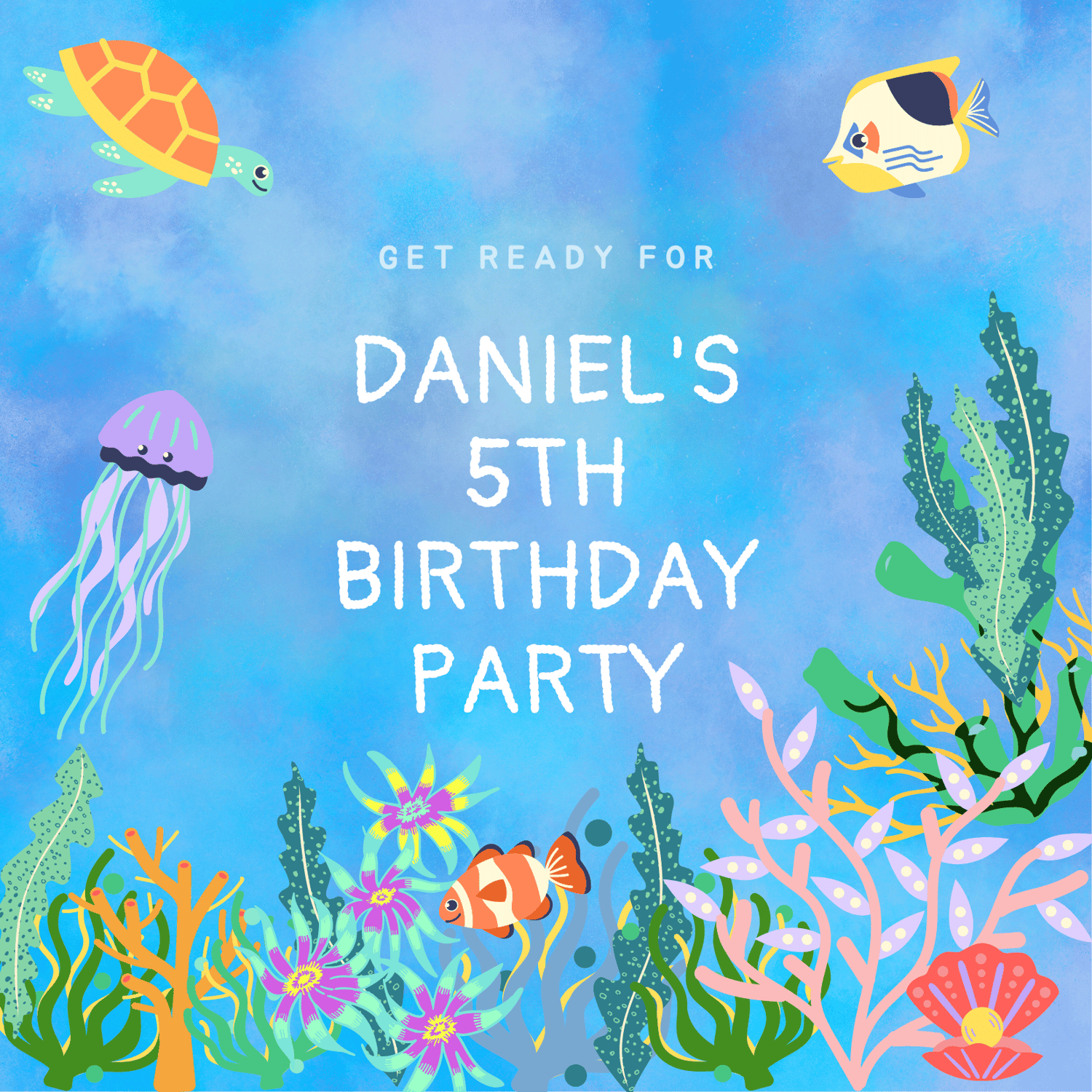 Vibrant Tropical Fish Design Invitation | Canva Template | Digital. Front design