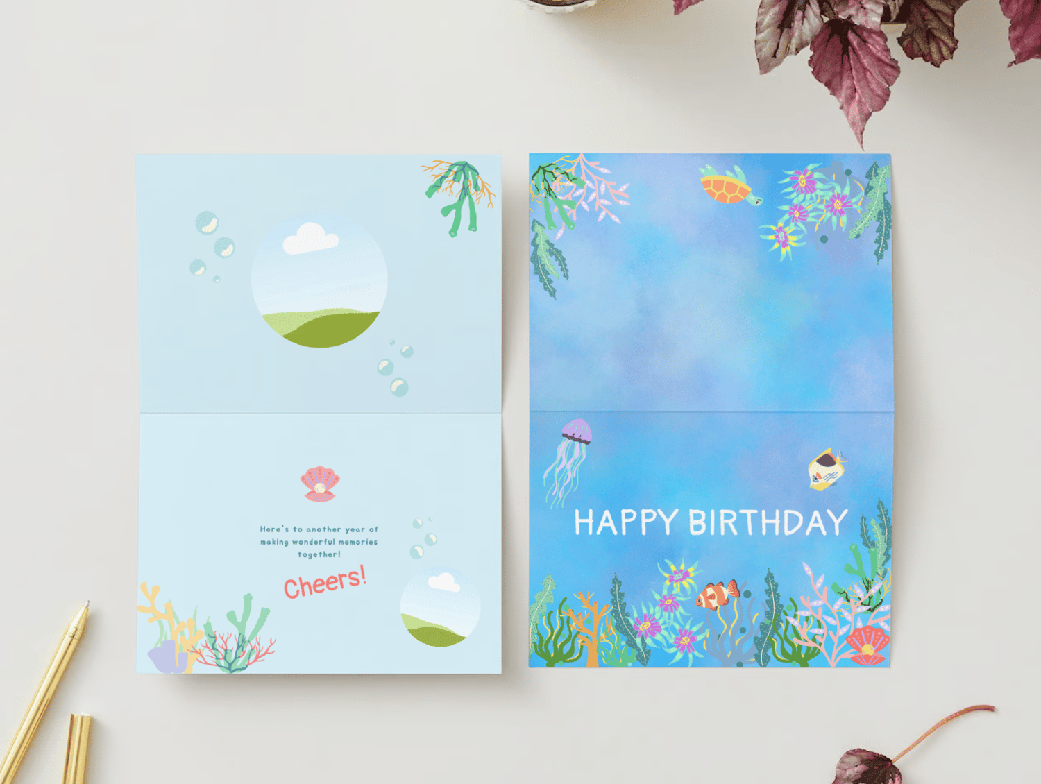 Vibrant Tropical Fish Design Folded Card Landscape | Customizable Canva Template | Digital. Mock outside and inside