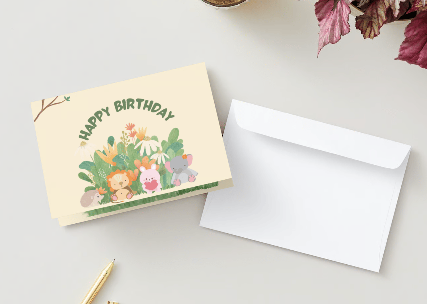 Adorable Animal Pastel Color Folded Card Landscape | Customizable Canva Template | Digital. Mock outside front