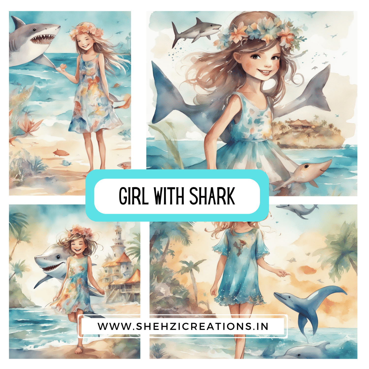 Whimsical Wildlife: Girls and Shark Clipart Delights | Instant Download