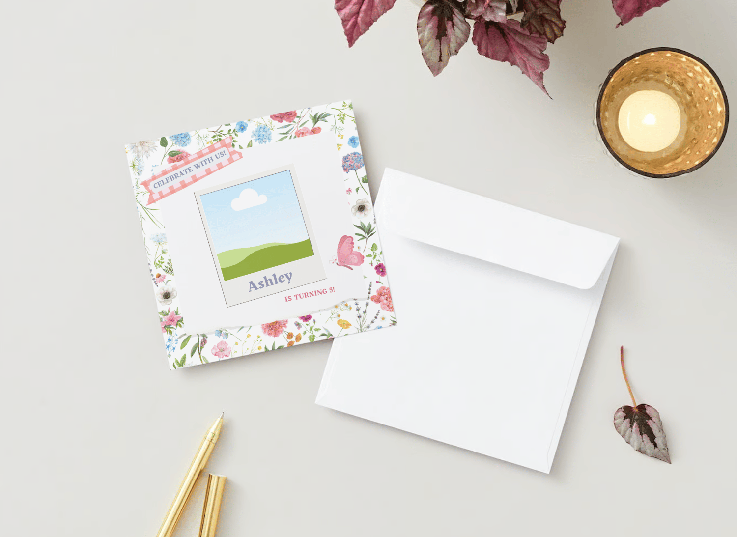 Cute Pastel Floral Photo Frame Invitation | Canva Template | Digital. Mock front