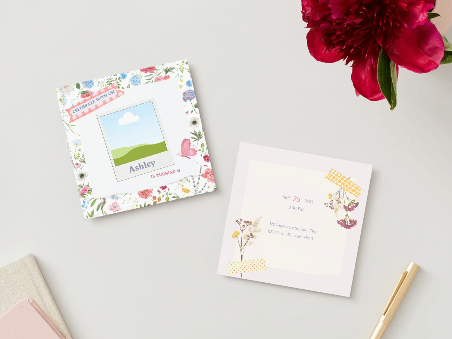 Cute Pastel Floral Photo Frame Invitation | Canva Template | Digital. Mock front and back