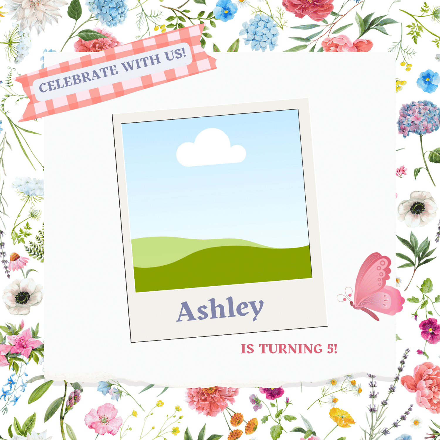 Cute Pastel Floral Photo Frame Invitation | Canva Template | Digital. Front design