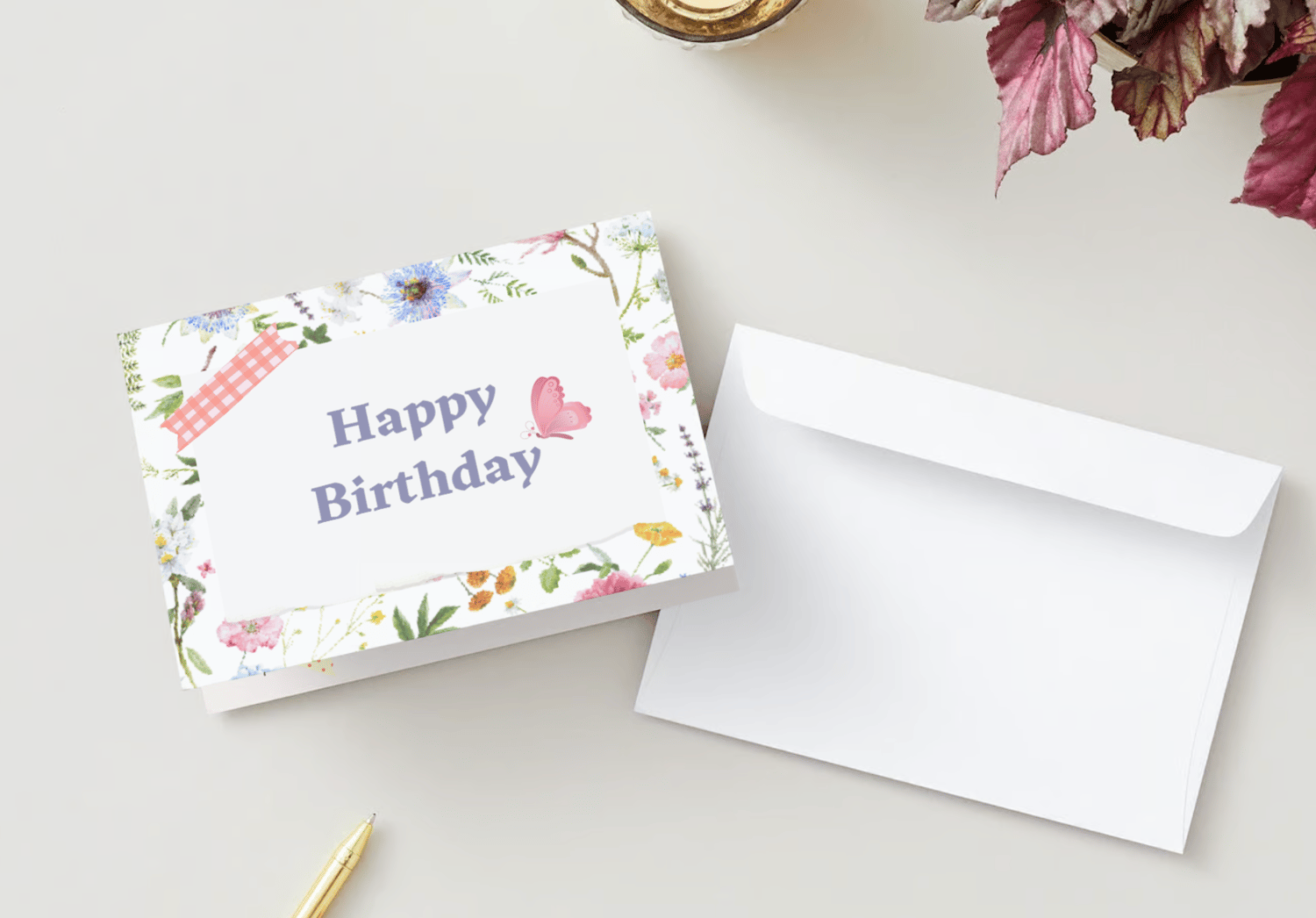 Cute Pastel Floral Photo Frame Folded Card Landscape | Customizable Canva Template | Digital. Mock outside front